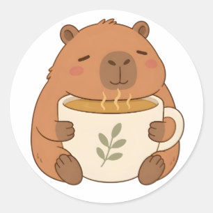 Redondo Adesivo de Capivara Fofa Abraçando Xícara de Café