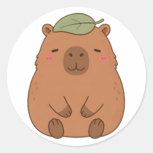 Redondo Adesivo de Capivara Fofa com Folha Verde na Cabeça