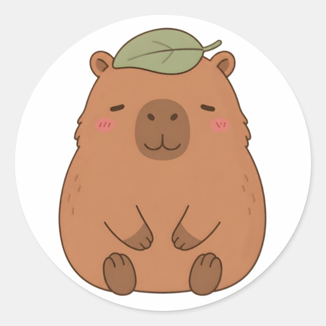 Redondo Adesivo de Capivara Fofa com Folha Verde na Cabeça (Frente)