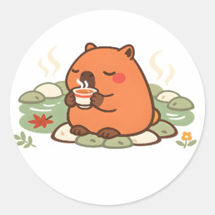Redondo Adesivo de Capivara Fofa na Hora do Chá no Onsen