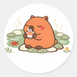 Redondo Adesivo de Capivara Fofa na Hora do Chá no Onsen