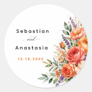 Redondo Adesivo de Casamento Boho Rosas Laranjas Jardim Fl