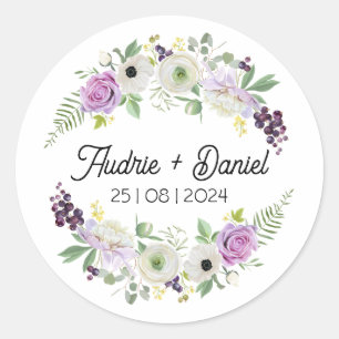 Redondo Adesivo de casamento de flores rústicas violeta e