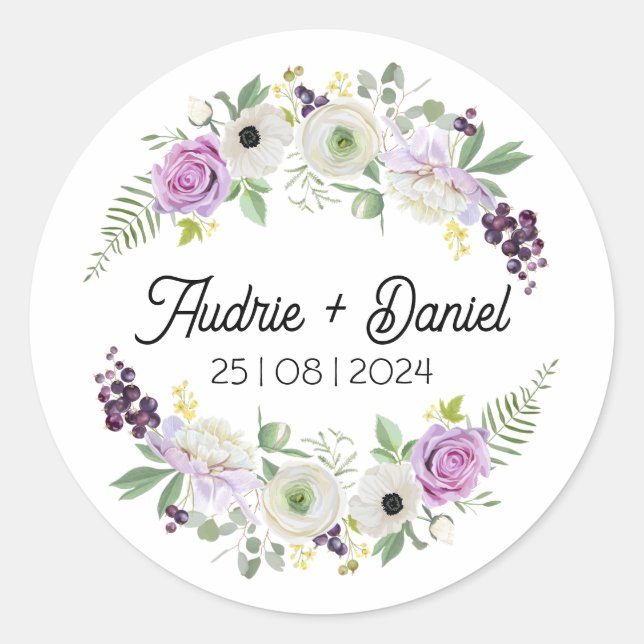 Redondo Adesivo de casamento de flores rústicas violeta e  (Frente)