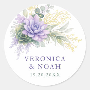 Redondo Adesivo de Casamento Elegante Floral Roxo Dourado 