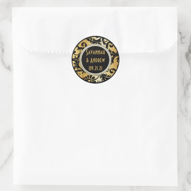 Redondo Adesivo de casamento em damasco preto e dourado (Bolsa)