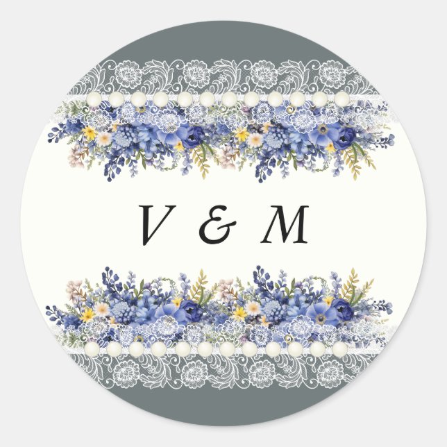 Redondo Adesivo de casamento floral de renda e pérolas vin (Frente)