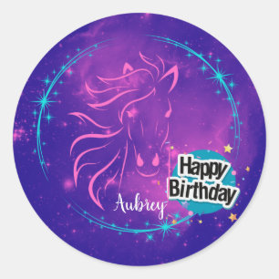 Redondo Adesivo de Cavalo Galáxia Feliz Aniversário Roxo C