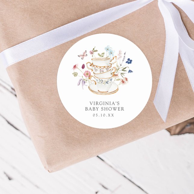 Redondo Adesivo de Chá de Bebê no estilo Tea Party (Watercolor Wildflower Tea Party Baby Shower Sticker by Painted Paperie)