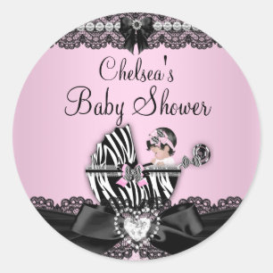 Redondo Adesivo de Chá de Bebê Pink Zebra & Lace