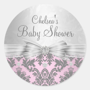 Redondo Adesivo de Chá de Bebê Rosa e Prata Damask
