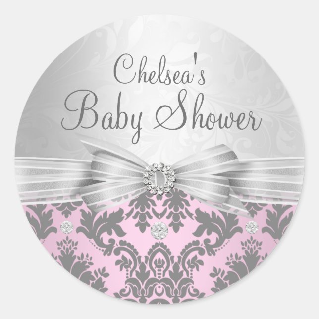 Redondo Adesivo de Chá de Bebê Rosa e Prata Damask (Frente)