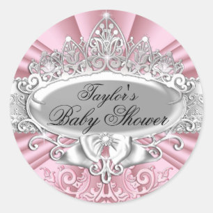 Redondo Adesivo de Chás de Bebê Pink Tiara & Damask