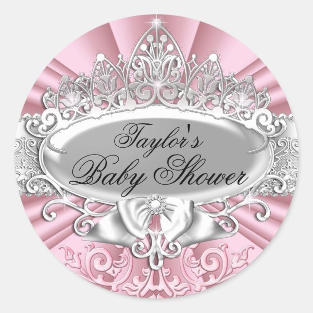 Redondo Adesivo de Chás de Bebê Pink Tiara & Damask (Frente)