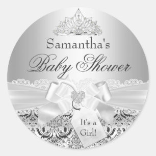 Redondo Adesivo de Chás de Bebê Silver Damask & Tiara