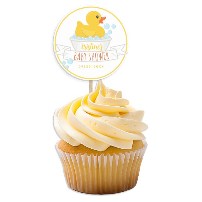 Redondo Adesivo de Chuveiro de Bebê Pato de Borracha – Tem (rubber duck baby shower birthday party favor cupcake topper - yellow)