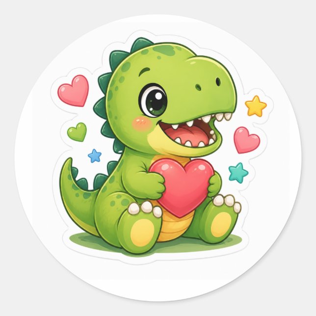 Redondo Adesivo de Coração de Dinossauro Bebê Fofo (Frente)