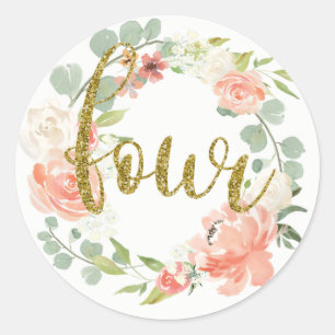 Redondo Adesivo de Coroa Floral Rosa Dourado de 4º Anivers