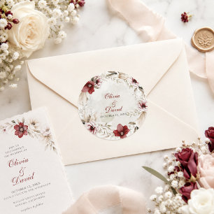Redondo Adesivo de Envelope de Noiva Floral Marfim Borgonh