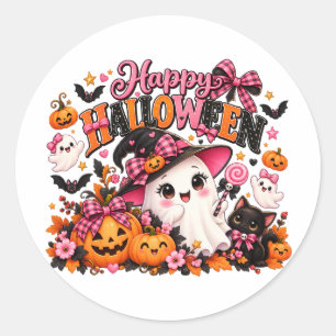 Redondo Adesivo de Fantasma de Halloween com Laço Rosa Fof