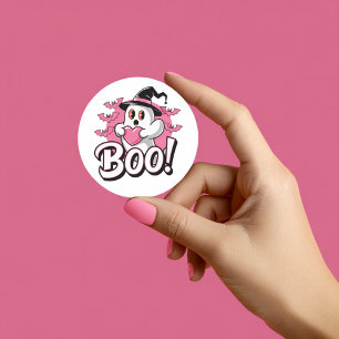 Redondo Adesivo de Fantasma Rosa Fofo Boo Halloween