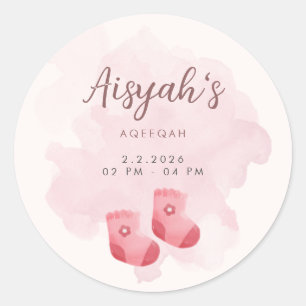 Redondo Adesivo de Favor Aqiqah Menina com Aquarela Rosa