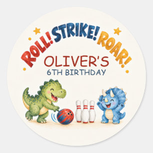 Redondo Adesivo de Favor de Aniversário de Boliche de Dino