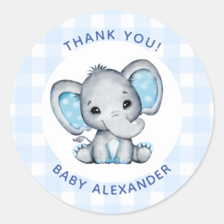 Redondo Adesivo de Favor de Chá de Bebê do Menino Elefante