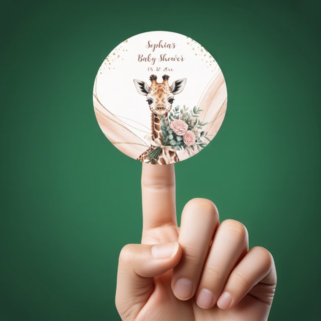 Redondo Adesivo de Favor de Chá de Bebê Safari Girafa Flor (Criador carregado)