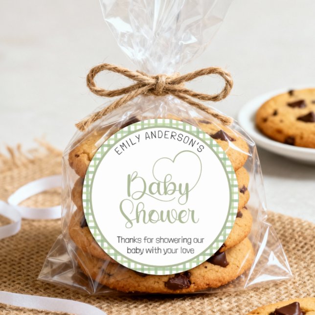 Redondo Adesivo de Favor de Chá de Bebê Sage Gingham (Baby Shower Sticker)