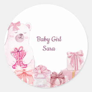 Redondo Adesivo de Favor de Chá de Bebê Urso Teddy Rosa