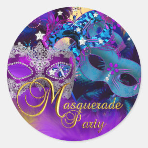 Redondo Adesivo de Festa de Máscaras Roxo Azul e Dourado