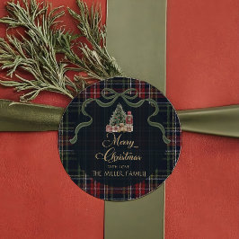 Redondo Adesivo de festa de Natal préppy de xadrez tartan