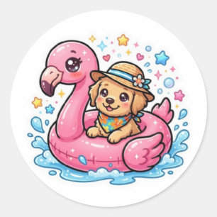 Redondo Adesivo de Flamingo de Piscina Cachorrinho Kawaii