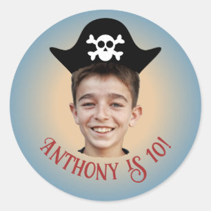 Redondo Adesivo de Foto de Aniversário Pirata Azul com Cha
