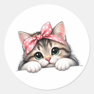 Redondo Adesivo de Gatinho Fofo – Gatinha Adorável com Laç