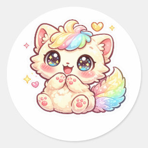 Redondo Adesivo de Gatinho Kawaii Arco-Íris Fofinho e Felp