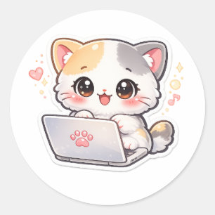 Redondo Adesivo de Gatinho Kawaii no Laptop Gatinho Fofo