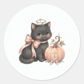 Redondo Adesivo de Gato Anjo Doce & Abóbora de Outono