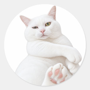 Redondo Adesivo de Gato Branco Engraçado – Gato Mal-humora