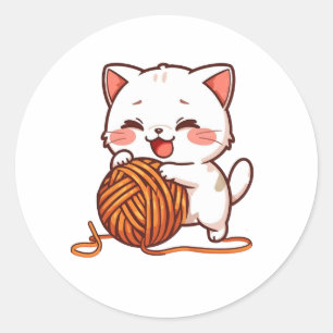 Redondo Adesivo de Gato Branco Fofo Brincando com Bola de