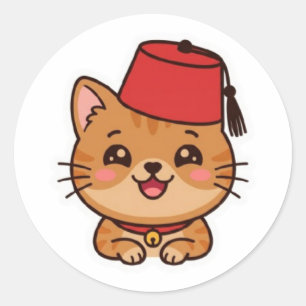 Redondo Adesivo de Gato com Chapéu Fez Marroquino Kawaii F