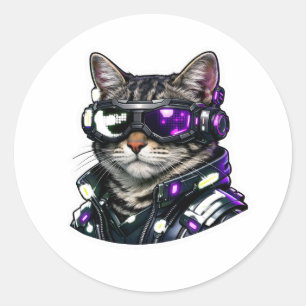 Redondo Adesivo de Gato Cyberpunk com Óculos de Neon