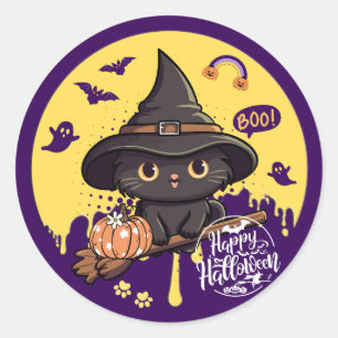 Redondo Adesivo de Gato de Halloween Fofo