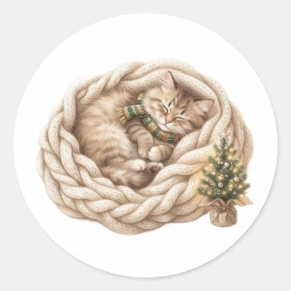 Redondo Adesivo de Gato de Natal Aconchegante em Cobertor