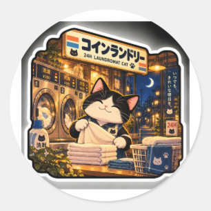 Redondo Adesivo de Gato em Lavanderia 24H Noite Japonesa