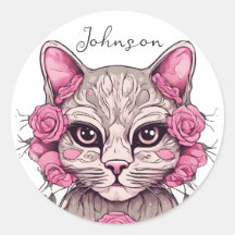 Adesivo de Gato Floral e Rosas Cor-de-Rosa
