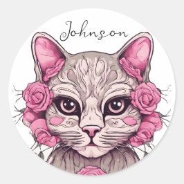 Redondo Adesivo de Gato Floral e Rosas Cor-de-Rosa
