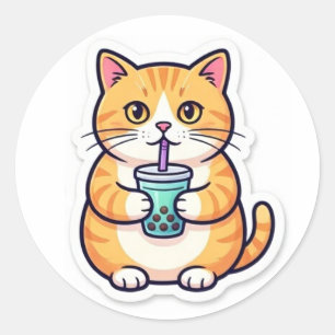 Redondo Adesivo de Gato Laranja Bebendo Suco Divertido Gat