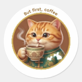 Redondo Adesivo de Gato Laranja Fofo Bebendo Chá Café